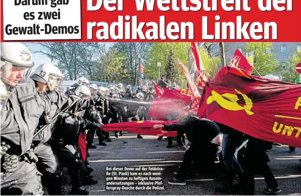  ??  ?? Bei dieser Demo auf der Feldstraße ( St. Pauli) kam es nach wenigen Minuten zu heftigen Auseinande­rsetzungen – inklusive Pfefferspr­ayDusche durch die Polizei.