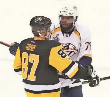  ?? CHARLES LECLAIRE, USA TODAY SPORTS ?? Predators defenseman P.K. Subban, right, says Penguins center Sidney Crosby cried foul over his breath. Crosby denies it.