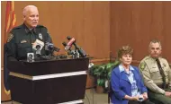  ?? RICK WILEY/ ARIZONA DAILY STAR ?? Tucson Police Chief Chris Magnus, Pima County Attorney Barbara LaWall and Pima County Sheriff Mark Napier appear in Tucson on Saturday at a press conference to announce the indictment.