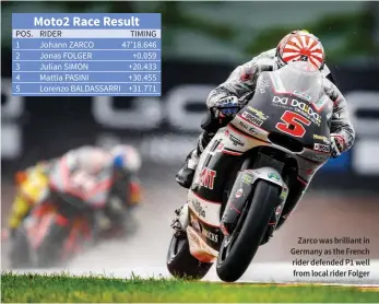  ??  ?? Zarco was brilliant in Germany as the French rider defended P1 well from local rider Folger