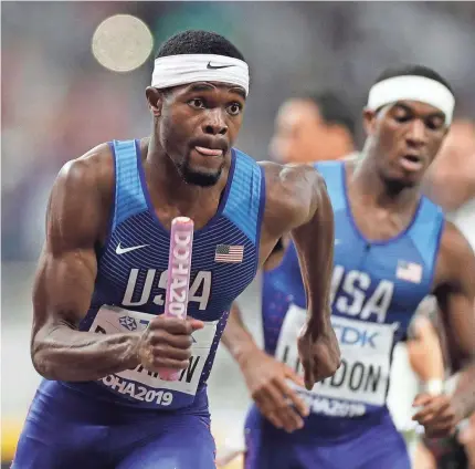  ?? PETR DAVID JOSEK, AP ?? Rai Benjamin of the United States anchors the team to the gold medal in the men's 4x400 meter relay final at the World Championsh­ips last fall.