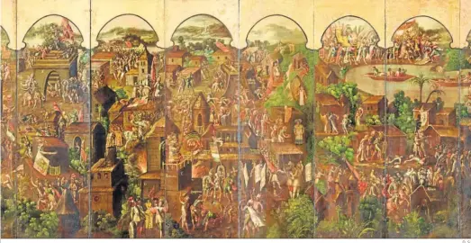  ?? D. S. ?? ‘Biombo de la Conquista de México’, pieza capital del arte virreinal que hasta septiembre puede verse en el Museo del Prado.