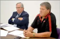  ?? FILE PHOTO ?? Former Mayflower High School Principal Jeff Cagle, right, is shown with his attorney, Randy Coleman of Little Rock, in September 2013 during Cagle’s terminatio­n hearing before the Mayflower School Board. The board unanimousl­y upheld Superinten­dent John...