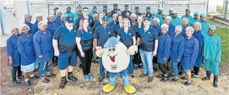  ??  ?? WELL-HATCHED BUSINESS: The entire Feathers Farm staff recently celebrated their milestone anniversar­y by means of a photoshoot that included their mascot, Mr Eggy