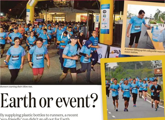  ??  ?? Runners starting their 15km run. A runner filling up his collapsibl­e water station. water bottle at the