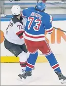  ?? MSG Network ?? HIT MAN: Matt Rempe was suspended four games after hitting the Devils’ Jonas Siegenthal­er with an elbow on Monday.