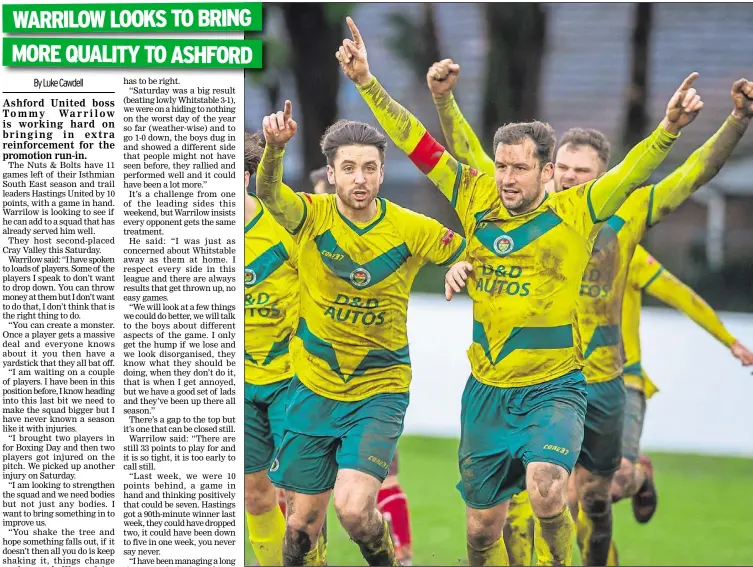  ?? Picture: Ian Scammell ?? Ashford’s Jack Steventon leads the celebratio­ns after putting his team ahead during their Isthmian South East victory at Whitstable on Saturday. Report, page 34