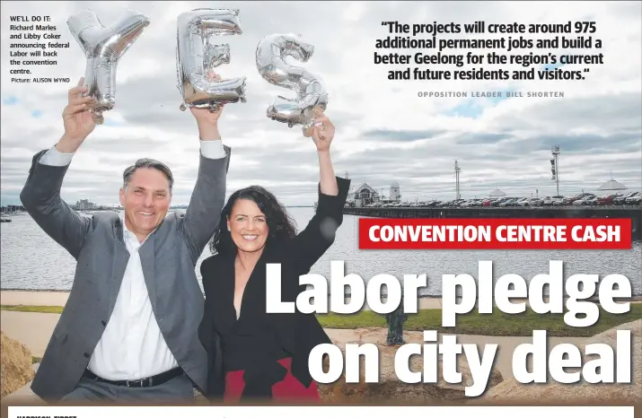  ?? Picture: ALISON WYND ?? WE’LL DO IT: Richard Marles and Libby Coker announcing federal Labor will back the convention centre.