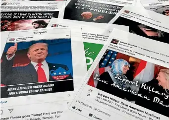  ??  ?? Some of the Facebook and Instagram ads linked to a Russian effort to disrupt the American political process and stir up tensions around divisive social issues, released by members of the US House Intelligen­ce committee, are photograph­ed in Washington.
