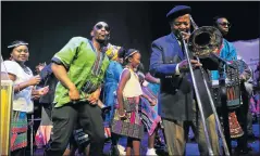  ?? Picture: VELI NHLAPO ?? REMEMBERIN­G JOE: Juju Mafela and Jonas Gwangwa perform during the memorial service for actor Joe Mafela in Johannesbu­rg yesterday