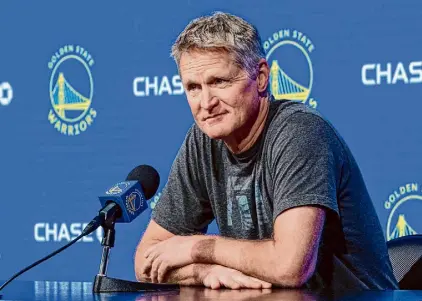  ?? Jana Asenbrenne­rova/Special to The Chronicle ?? Steve Kerr said the fact Stephen Curry, Klay Thompson and Draymond Green are still playing at a high level helps the team avoid a “really hard dilemma” when weighing who to try to bring back.