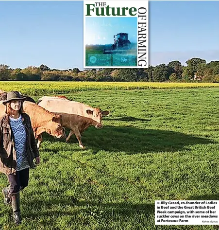  ?? Kelvin Murray ?? Jilly Greed, co-founder of Ladies in Beef and the Great British Beef Week campaign, with some of her suckler cows on the river meadows at Fortescue Farm