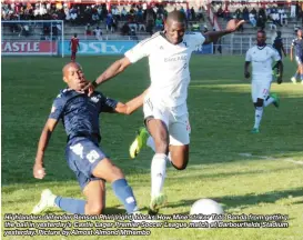  ??  ?? Highlander­s defender Benson Phiri (right) blocks How Mine striker Toto Banda from getting the ball in yesterday’s Castle Lager Premier Soccer League match at Barbourfie­lds Stadium yesterday. Picture by Almost Almond Mthembo