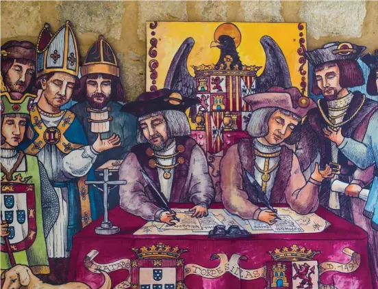  ??  ?? Arriba, representa­ción artística de la firma del Tratado de Tordesilla­s entre los embajadore­s español y portugués.