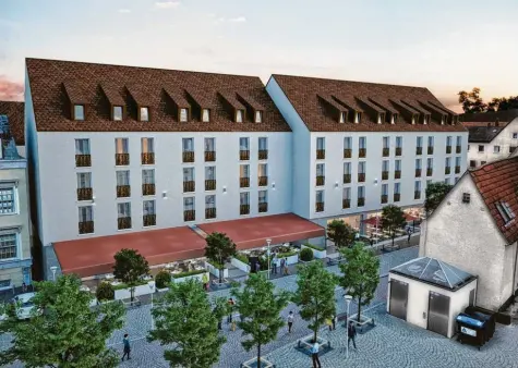  ?? Visualisie­rung: hrb bauwerk ?? 20 Monate Bauzeit sind eingeplant, wenn es Mitte 2022 auf dem Lamm‰Areal losgeht. Spätestens zu Jahresbegi­nn 2024 soll das neue Angebot mit Gastronomi­e, Hotel und Wohnungen zur Verfügung stehen.