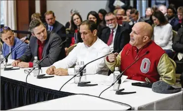  ?? THE COLUMBUS DISPATCH ?? Alleged victims of Dr. Richard Strauss (from right) Michael DiSabato, Mike Schyck, Brian Garrett and Stephen Snyder Hill at an Ohio State University Board of Trustees meeting Friday.