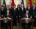  ?? Pete Marovich/The New York Times ?? President Donald Trump, right, and Chinese Vice Premier Liu He sign an initial trade agreement Jan. 15 in the White House in Washington.