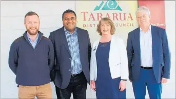  ??  ?? Kieran McAnulty, Labour List MP, Minister of Civil Defence Kris Faafoi, Tararua District mayor Tracey Collis and Peter Wimsett, manager strategy and district developmen­t for Tararua District Council.