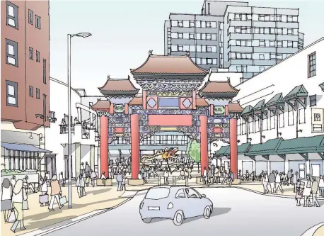  ??  ?? > An artist’s impression of how the Chinese arch will act as a gateway to the Southside Square in the city’s Chinese Quarter