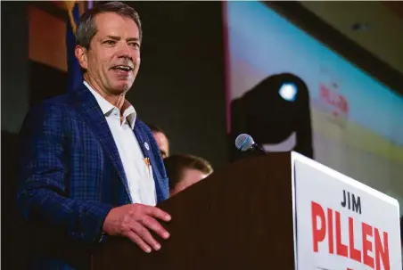  ?? Kenneth Ferriera / Associated Press ?? Jim Pillen smiles after winning the Nebraska GOP gubernator­ial primary by beating the candidate supported by Donald Trump.