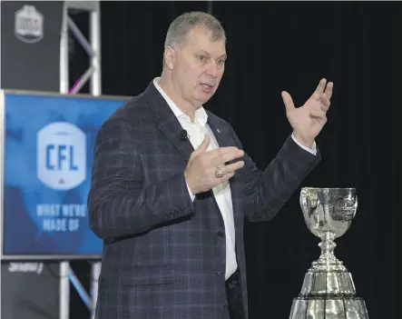  ?? ADRIAN WYLD/THE CANADIAN PRESS ?? CFL commission­er Randy Ambrosie believes the league can make its Grey Cup game more appealing to fans if it’s played earlier in the year, when the weather is usually still pleasant.