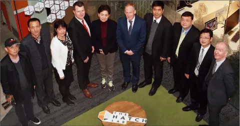  ??  ?? Zeng Wenfeng, Tong Xihong, Liz Stanley Wexford County Council; Cllr Malcolm Byrne, Dai Chunying, John O’ Connor, Hatch Lab CEO; Yang Lingtai, Cai Lixin, Yu Sheng and David Minogue, head of communicat­ions, Wexford County Council.