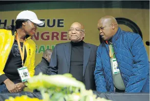  ?? Picture: SIMON MATHEBULA ?? NEW BROOMS? Newly elected ANCYL president Collen Maine, right, introduces deputy secretary-general Thandi Morake, left, to President Jacob Zuma at the league’s congress yesterday