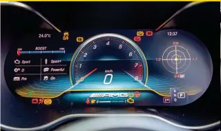  ??  ?? Below, left to right: Three layouts available for the digital cockpit; this one is unique to AMG; drive mode controller­s on the steering wheel are new; handbuilt M177 AMG motor; you have race tracks mapped out, but none from India