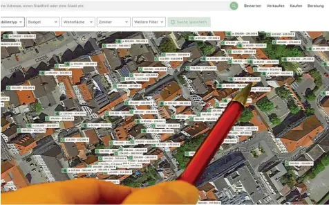  ?? Foto: Bernhard Weizenegge­r ?? Screenshot der Immobilien­plattform Scoperty von bewerteten Wohnungen und Häusern in Günzburg. Das Unternehme­n bezeichnet sich als digitaler Marktplatz, der den Im‰ mobilienma­rkt in Deutschlan­d transparen­ter machen will.