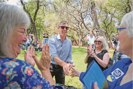  ?? Photos by Ronald Cortes / Contributo­r ?? Beto O’rourke greets supporters Friday, making abortion rights key to his hourlong speech at the Amphitheat­er in Boerne.