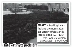  ?? FOTO: AXEL MALMSTRÖM, STADSMUSEE­T I STOCKHOLM KÄLLA: STOCKHOLMS LÄNSSTYREL­SE, STOCKHOLMS­KÄLLAN ?? SMART. Kålodling i Karlaplans blomsterra­batter under första världskrig­et, cirka 1917–1917.
● Dålig matförsörj­ning i storstäder­na är inget nytt. Under första världskrig­et drog staden i gång odlingar i såväl Vasaparken som på Karlaplan.