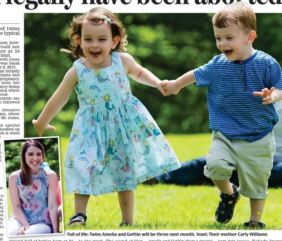  ??  ?? Full of life: Twins Amelia and Gethin will be three next month. Inset: Their mother Carly Williams