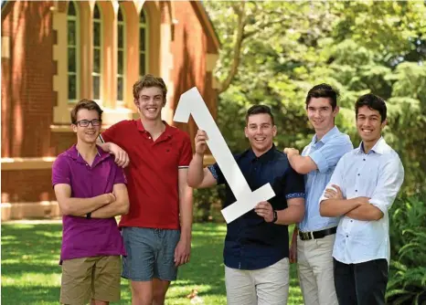  ??  ?? HIGH ACHIEVERS: Toowoomba Grammar School has 11 students who gained an OP 1 in 2017, including (from left) Jack Brandon, Lachlan Grigg, Josh Eiser, Andrew Waite and Angus Wilson. PHOTO: KEVIN FARMER