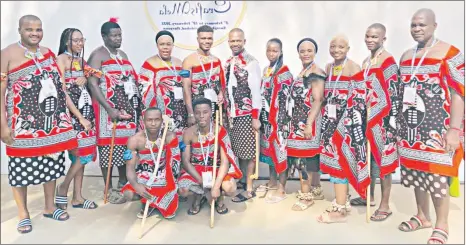  ?? (Courtesy pic). ?? Eswatini cultural team looking lavish in their traditiona­l attire while posing with Eswatini National Council of Arts and Culture (ENCAC) CEO Stanley Dlamini (L) in India.