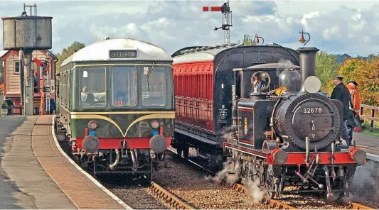  ?? IAN SCARLETT ?? Ancient and modern: Some 80 years separate the build dates of the Class 108 diesel unit (on the left) and Class A1X 0-6-0T No. 32678, pictured at the Kent & East Sussex Railway’s Bodiam station, the former having emerged from Derby Works in the late 1950s and the ‘Terrier’ from Brighton in 1880. The Class 108 completed a successful pilot programme on public services throughout August using an environmen­tally-friendly biodiesel that heralds a new ‘green’ era for the railway.