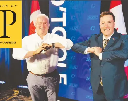  ?? O’TOOLE CAMPAIGN ?? Erin O’toole and his Quebec leadership campaign chair, Alupa Clarke, prepare before the June 2020 French-language debate. Clarke helped
write O’toole’s Quebec-specific platform, which has been credited with helping the candidate win over voters in that province.