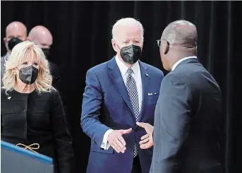  ?? ANDREW HARNIK THE ASSOCIATED PRESS ?? U.S. President Joe Biden and first lady Jill Biden meet with Mayor Byron Brown in Buffalo, N.Y., on Tuesday. Biden said America’s diversity is its strength, and warned the country must not be distorted by a “hateful minority” following the recent mass shooting in the city. Ten people were killed.