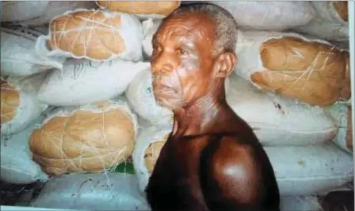  ??  ?? The arrested 64-year-old grandfathe­r, Pa Daniel Idemudia in one of the warehouses filled with bags of cannabis sativa