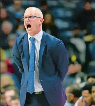  ?? STEPHEN DUNN/AP PHOTO ?? UConn coach Dan Hurley yells from the sideline during the second half of a game against UMass Lowell back on Nov. 27 in Storrs. Hurley returns to New Jersy today to lead the Huskies against Florida State.