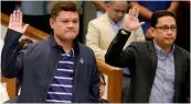  ??  ?? Paolo Duterte (left), son of Philippine­s President Rodrigo Duterte and the President’s son-in-law Manases Carpio, a lawyer, take their oaths in the continuing Senate probe into a drug smuggling case with their alleged involvemen­t in Pasay city, southeast of Manila, on Thursday. — AP