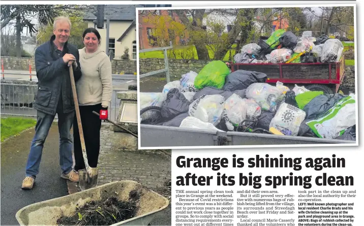  ??  ?? LEFT: Well known photograph­er and local resident Charlie Brady and his wife Christine cleaning up at the park and playground area in Grange. ABOVE: Bags of rubbish collected by the volunteers during the clean-up.