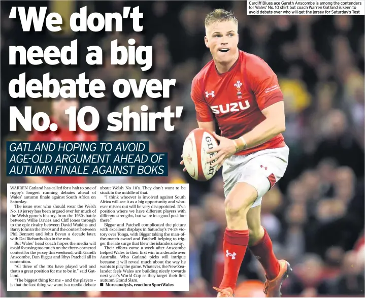  ??  ?? Cardiff Blues ace Gareth Anscombe is among the contenders for Wales’ No. 10 shirt but coach Warren Gatland is keen to avoid debate over who will get the jersey for Saturday’s Test