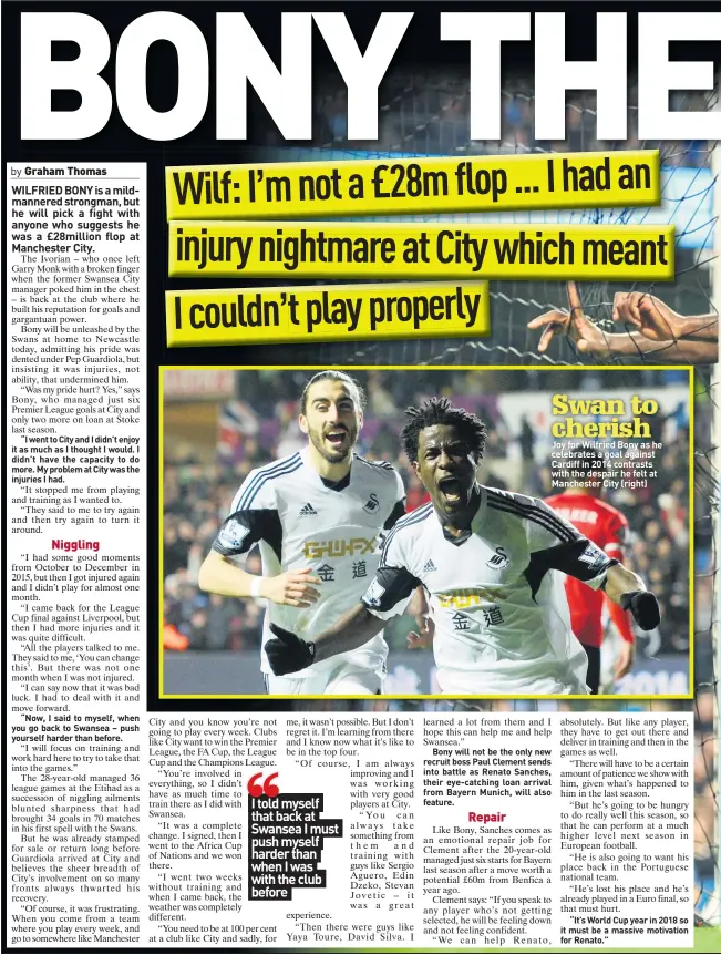  ??  ?? Joy for Wilfried Bony as he celebrates a goal against Cardiff in 2014 contrasts with the despair he felt at Manchester City (right)