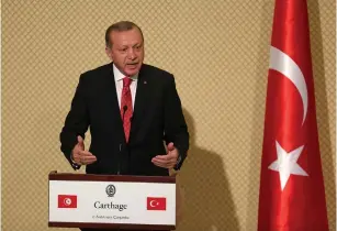  ?? (Zoubeir Souissi/Reuters) ?? TURKISH PRESIDENT Recep Tayyip Erdogan speaks during a news conference with Tunisian President Beji Caid Essebsi (not pictured) at Carthage Palace in Tunis yesterday.