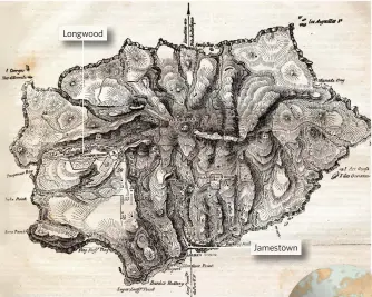  ??  ?? LA ISLA EN MEDIO DEL OCÉANO
Sobre estas líneas, mapa de Santa Elena en el siglo XIX, en el que se señala la finca de Longwood ocupada por Napoleón.
A la derecha, vista de la isla desde una altura.