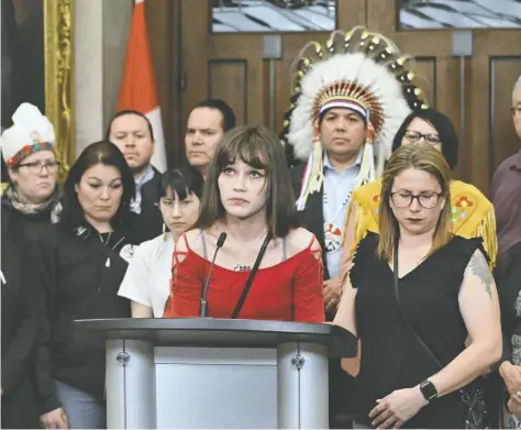  ?? JUSTIN TANG / THE CANADIAN PRESS ?? Cambria Harris, seen in the House of Commons on Tuesday, called on the federal government to take action to end violence against Indigenous women. Her mother, Morgan Harris, was identified as one of four victims of an alleged serial killer in Winnipeg, but her body has not been found.