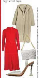  ?? ?? Borg coat, £79.20, River Island; midi dress, £71.20, Warehouse; bag, £11, Shein; shoes, £80, Aldo