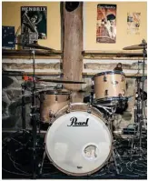  ??  ?? The beat goes on Mark’s drum set takes centre stage in his music studio, a a version of Levon Helm’s studios in Woodstock, N.Y., where the late Helm once hosted his legendary Midnight Rambles sessions