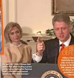  ??  ?? On Jan. 26, 1998, Clinton lied about the affair during a press conference, stating his famous line: “I did not have sexual relations with that woman.”