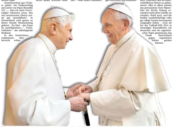  ?? DPA-BILD: ROMANO ?? Einer der seltenen gemeinsame­n Auftritt: der emeritiert­e Papst Benedikt XVI. (links) und der aktive Papst Franziskus (rechts) im Vatikan